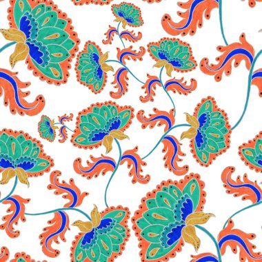 Suluboya desensiz, folky çiçekli ve yapraklı, etnik tarzda. Çiçek süsleme. Geleneksel şal deseni. Tekstil tasarım dokusu. Kabilesel etnik klasik dikişsiz model..