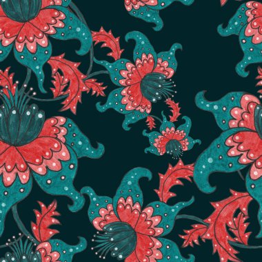 Suluboya desensiz, folky çiçekli ve yapraklı, etnik tarzda. Çiçek süsleme. Geleneksel şal deseni. Tekstil tasarım dokusu. Kabilesel etnik klasik dikişsiz model..