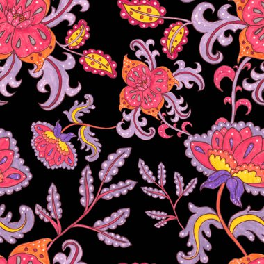 Suluboya desensiz, folky çiçekli ve yapraklı, etnik tarzda. Çiçek süsleme. Geleneksel şal deseni. Tekstil tasarım dokusu. Kabilesel etnik klasik dikişsiz model..