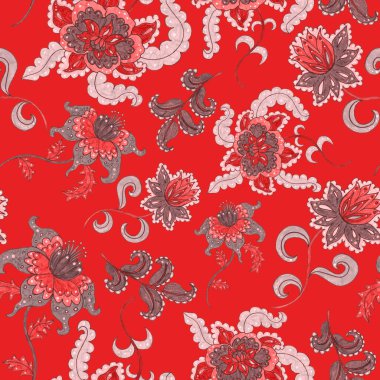 Suluboya desensiz, folky çiçekli ve yapraklı, etnik tarzda. Çiçek süsleme. Geleneksel şal deseni. Tekstil tasarım dokusu. Kabilesel etnik klasik dikişsiz model..