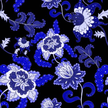 Suluboya desensiz, folky çiçekli ve yapraklı, etnik tarzda. Çiçek süsleme. Geleneksel şal deseni. Tekstil tasarım dokusu. Kabilesel etnik klasik dikişsiz model..