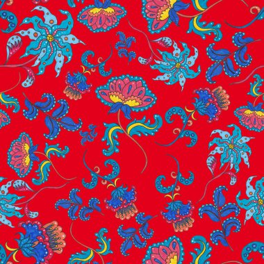 Suluboya desensiz, folky çiçekli ve yapraklı, etnik tarzda. Çiçek süsleme. Geleneksel şal deseni. Tekstil tasarım dokusu. Kabilesel etnik klasik dikişsiz model..