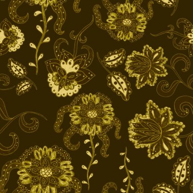 Suluboya desensiz, folky çiçekli ve yapraklı, etnik tarzda. Çiçek süsleme. Geleneksel şal deseni. Tekstil tasarım dokusu. Kabilesel etnik klasik dikişsiz model..