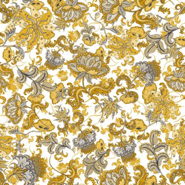 Suluboya desensiz, folky çiçekli ve yapraklı, etnik tarzda. Çiçek süsleme. Geleneksel şal deseni. Tekstil tasarım dokusu. Kabilesel etnik klasik dikişsiz model..