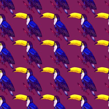 Tukanla dikişsiz suluboya desen. Tropik kuşlu ve yapraklı egzotik botanik orman duvar kağıdı. Parlak yaz şablonu geçmişi.