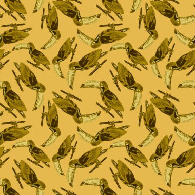 Tukanla dikişsiz suluboya desen. Tropik kuşlu ve yapraklı egzotik botanik orman duvar kağıdı. Parlak yaz şablonu geçmişi.