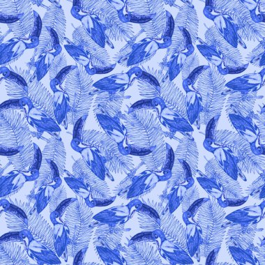 Tukanla dikişsiz suluboya desen. Tropik kuşlu ve yapraklı egzotik botanik orman duvar kağıdı. Parlak yaz şablonu geçmişi.