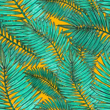 Tropikal yapraklarla suluboya kusursuz desen. Elle çizilmiş egzotik bitkilerle çok güzel bir iz. Mayo botanik tasarımı.