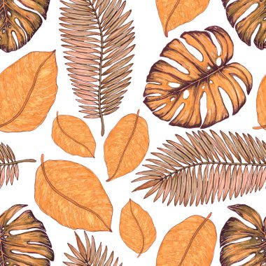 Tropikal yapraklarla suluboya kusursuz desen. Elle çizilmiş egzotik bitkilerle çok güzel bir iz. Mayo botanik tasarımı.