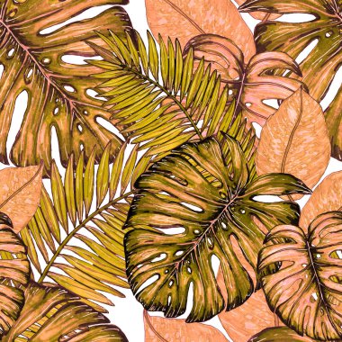 Tropikal yapraklarla suluboya kusursuz desen. Elle çizilmiş egzotik bitkilerle çok güzel bir iz. Mayo botanik tasarımı.