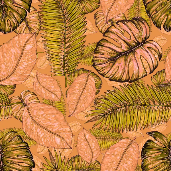 Tropikal yapraklarla suluboya kusursuz desen. Elle çizilmiş egzotik bitkilerle çok güzel bir iz. Mayo botanik tasarımı.