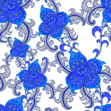 Suluboya desensiz, folky çiçekli ve yapraklı, etnik tarzda. Çiçek süsleme. Geleneksel şal deseni. Tekstil tasarım dokusu. Kabilesel etnik klasik dikişsiz model..