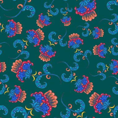 Suluboya desensiz, folky çiçekli ve yapraklı, etnik tarzda. Çiçek süsleme. Geleneksel şal deseni. Tekstil tasarım dokusu. Kabilesel etnik klasik dikişsiz model..