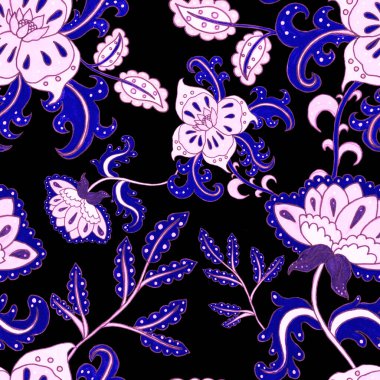 Suluboya desensiz, folky çiçekli ve yapraklı, etnik tarzda. Çiçek süsleme. Geleneksel şal deseni. Tekstil tasarım dokusu. Kabilesel etnik klasik dikişsiz model..