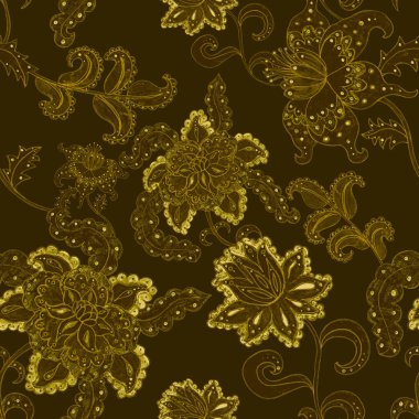 Suluboya desensiz, folky çiçekli ve yapraklı, etnik tarzda. Çiçek süsleme. Geleneksel şal deseni. Tekstil tasarım dokusu. Kabilesel etnik klasik dikişsiz model..