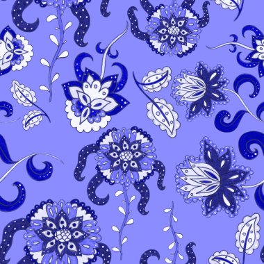 Suluboya desensiz, folky çiçekli ve yapraklı, etnik tarzda. Çiçek süsleme. Geleneksel şal deseni. Tekstil tasarım dokusu. Kabilesel etnik klasik dikişsiz model..