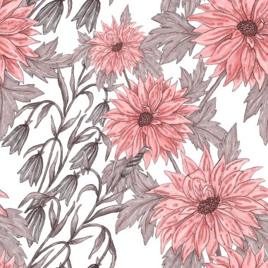 Çiçek buketli suluboya desenli. Klasik botanik çizimi. Her türlü tasarım için zarif bir dekorasyon. Renkli ve soyut çiçekli moda baskısı. Suluboya dokusu.