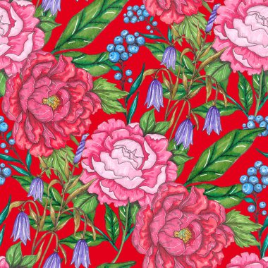 Çiçek buketli suluboya desenli. Klasik botanik çizimi. Her türlü tasarım için zarif bir dekorasyon. Renkli ve soyut çiçekli moda baskısı. Suluboya dokusu.