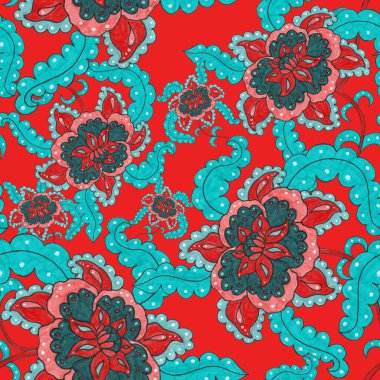 Suluboya desensiz, folky çiçekli ve yapraklı, etnik tarzda. Çiçek süsleme. Geleneksel şal deseni. Tekstil tasarım dokusu. Kabilesel etnik klasik dikişsiz model..