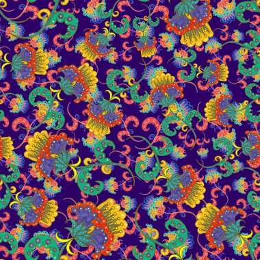 Suluboya desensiz, folky çiçekli ve yapraklı, etnik tarzda. Çiçek süsleme. Geleneksel şal deseni. Tekstil tasarım dokusu. Kabilesel etnik klasik dikişsiz model..