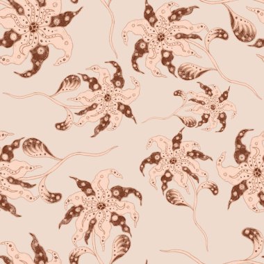 Suluboya desensiz, folky çiçekli ve yapraklı, etnik tarzda. Çiçek süsleme. Geleneksel şal deseni. Tekstil tasarım dokusu. Kabilesel etnik klasik dikişsiz model..