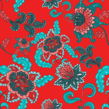 Suluboya desensiz, folky çiçekli ve yapraklı, etnik tarzda. Çiçek süsleme. Geleneksel şal deseni. Tekstil tasarım dokusu. Kabilesel etnik klasik dikişsiz model..