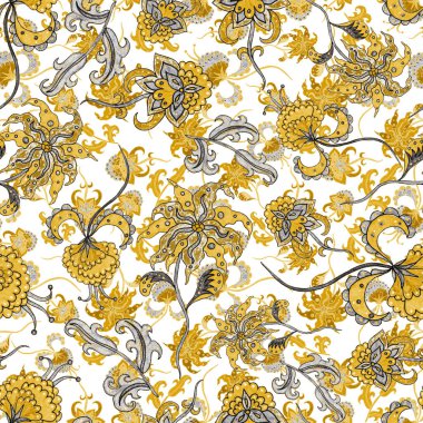 Suluboya desensiz, folky çiçekli ve yapraklı, etnik tarzda. Çiçek süsleme. Geleneksel şal deseni. Tekstil tasarım dokusu. Kabilesel etnik klasik dikişsiz model..