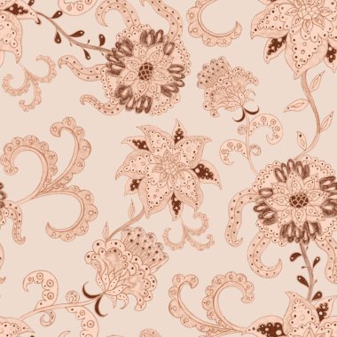 Suluboya desensiz, folky çiçekli ve yapraklı, etnik tarzda. Çiçek süsleme. Geleneksel şal deseni. Tekstil tasarım dokusu. Kabilesel etnik klasik dikişsiz model..