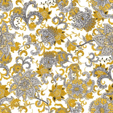 Suluboya desensiz, folky çiçekli ve yapraklı, etnik tarzda. Çiçek süsleme. Geleneksel şal deseni. Tekstil tasarım dokusu. Kabilesel etnik klasik dikişsiz model..