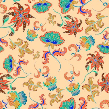 Suluboya desensiz, folky çiçekli ve yapraklı, etnik tarzda. Çiçek süsleme. Geleneksel şal deseni. Tekstil tasarım dokusu. Kabilesel etnik klasik dikişsiz model..