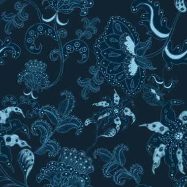 Suluboya desensiz, folky çiçekli ve yapraklı, etnik tarzda. Çiçek süsleme. Geleneksel şal deseni. Tekstil tasarım dokusu. Kabilesel etnik klasik dikişsiz model..