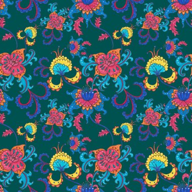 Suluboya desensiz, folky çiçekli ve yapraklı, etnik tarzda. Çiçek süsleme. Geleneksel şal deseni. Tekstil tasarım dokusu. Kabilesel etnik klasik dikişsiz model..