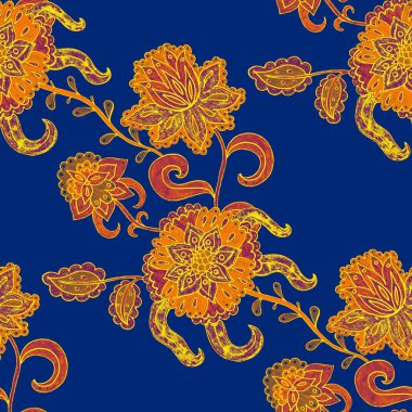 Suluboya desensiz, folky çiçekli ve yapraklı, etnik tarzda. Çiçek süsleme. Geleneksel şal deseni. Tekstil tasarım dokusu. Kabilesel etnik klasik dikişsiz model..