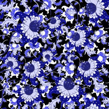 Suluboya desensiz, folky çiçekli ve yapraklı, etnik tarzda. Çiçek süsleme. Geleneksel şal deseni. Tekstil tasarım dokusu. Kabilesel etnik klasik dikişsiz model..