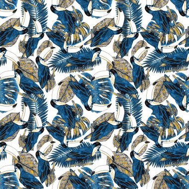 Tukanla dikişsiz suluboya desen. Tropik kuşlu ve yapraklı egzotik botanik orman duvar kağıdı. Parlak yaz şablonu geçmişi.