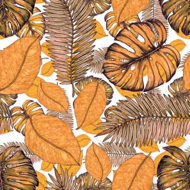 Tropikal yapraklarla suluboya kusursuz desen. Elle çizilmiş egzotik bitkilerle çok güzel bir iz. Mayo botanik tasarımı.