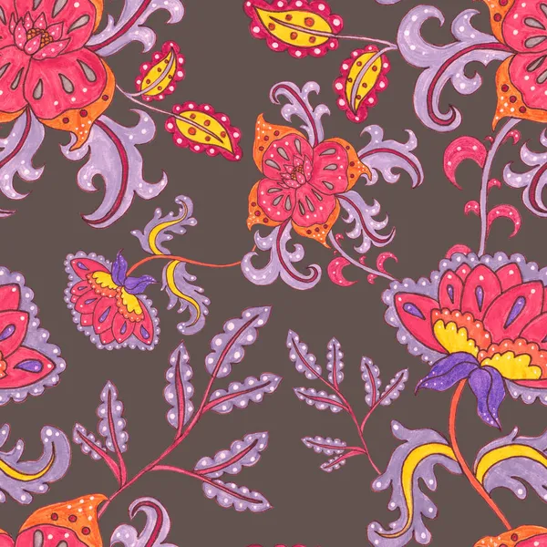 Suluboya desensiz, folky çiçekli ve yapraklı, etnik tarzda. Çiçek süsleme. Geleneksel şal deseni. Tekstil tasarım dokusu. Kabilesel etnik klasik dikişsiz model..