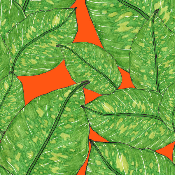 Watercolor seamless pattern with tropical leaves. Beautiful allover print with hand drawn exotic plants. Swimwear botanical design.