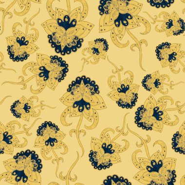 Suluboya desensiz, folky çiçekli ve yapraklı, etnik tarzda. Çiçek süsleme. Geleneksel şal deseni. Tekstil tasarım dokusu. Kabilesel etnik klasik dikişsiz model..