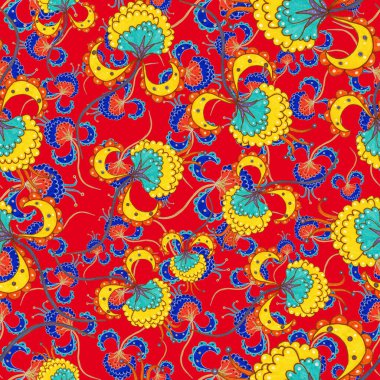 Suluboya desensiz, folky çiçekli ve yapraklı, etnik tarzda. Çiçek süsleme. Geleneksel şal deseni. Tekstil tasarım dokusu. Kabilesel etnik klasik dikişsiz model..