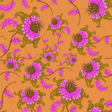 Suluboya desensiz, folky çiçekli ve yapraklı, etnik tarzda. Çiçek süsleme. Geleneksel şal deseni. Tekstil tasarım dokusu. Kabilesel etnik klasik dikişsiz model..