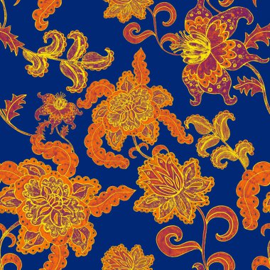 Suluboya desensiz, folky çiçekli ve yapraklı, etnik tarzda. Çiçek süsleme. Geleneksel şal deseni. Tekstil tasarım dokusu. Kabilesel etnik klasik dikişsiz model..