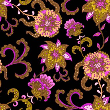 Suluboya desensiz, folky çiçekli ve yapraklı, etnik tarzda. Çiçek süsleme. Geleneksel şal deseni. Tekstil tasarım dokusu. Kabilesel etnik klasik dikişsiz model..