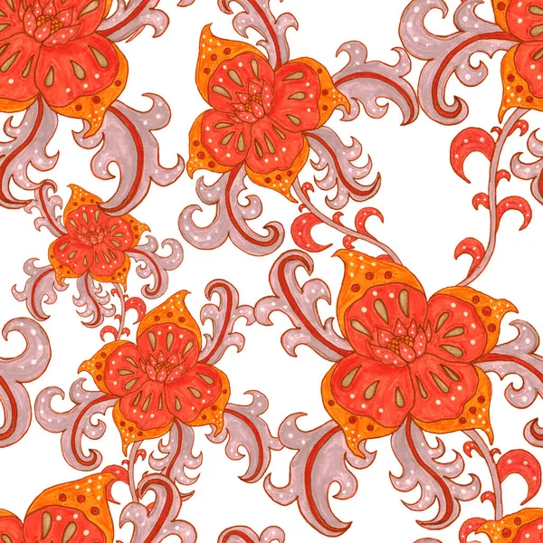 Watercolor Seamless Pattern Folky Flowers Leaves Ethnic Style Floral Decoration — Stock Photo, Image