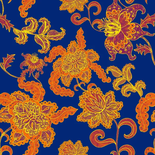 Suluboya desensiz, folky çiçekli ve yapraklı, etnik tarzda. Çiçek süsleme. Geleneksel şal deseni. Tekstil tasarım dokusu. Kabilesel etnik klasik dikişsiz model..