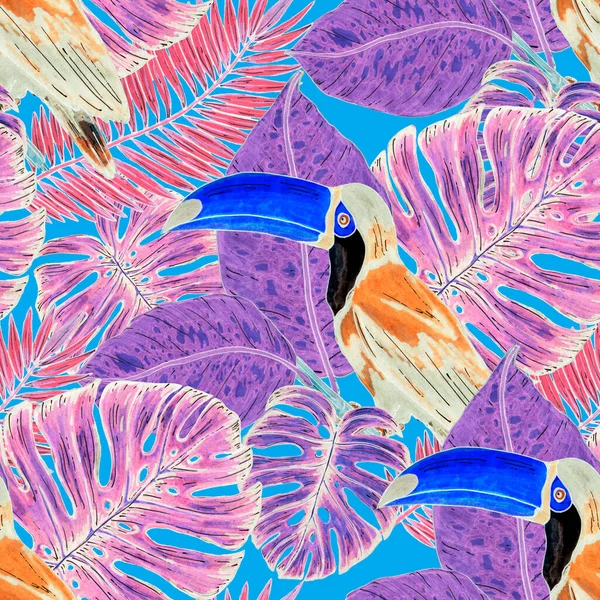 Akvarell Sömlöst Mönster Med Toucan Exotiska Botaniska Djungel Tapeter Med — Stockfoto