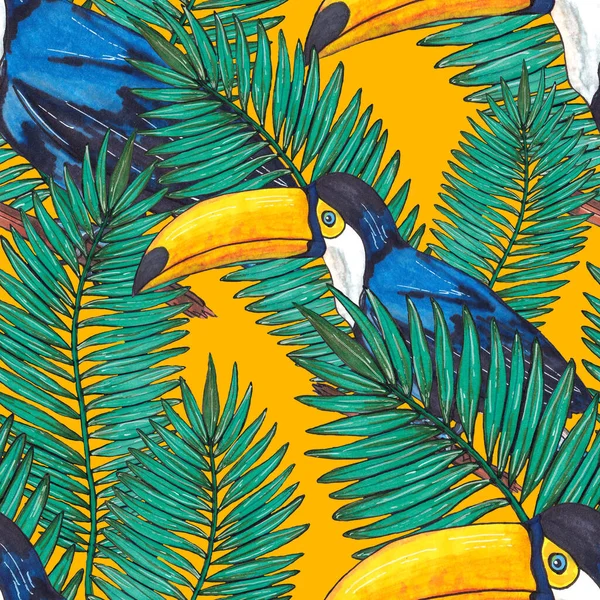水彩无缝图案与触角 异国植物的丛林壁纸与热带鸟类和树叶 明亮的夏季图案背景 — 图库照片