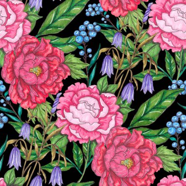 Çiçek buketli suluboya desenli. Klasik botanik çizimi. Her türlü tasarım için zarif bir dekorasyon. Renkli ve soyut çiçekli moda baskısı. Suluboya dokusu.