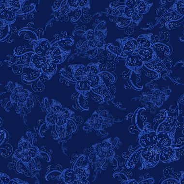 Suluboya desensiz, folky çiçekli ve yapraklı, etnik tarzda. Çiçek süsleme. Geleneksel şal deseni. Tekstil tasarım dokusu. Kabilesel etnik klasik dikişsiz model..