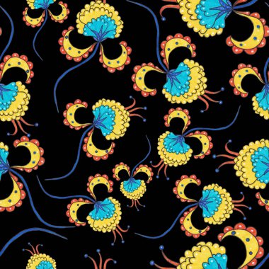 Suluboya desensiz, folky çiçekli ve yapraklı, etnik tarzda. Çiçek süsleme. Geleneksel şal deseni. Tekstil tasarım dokusu. Kabilesel etnik klasik dikişsiz model..